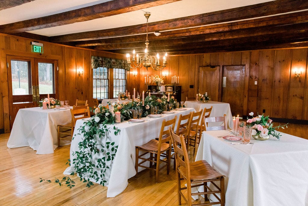 Horse-and-Hound-New-Hampshire-Wedding-Dining-Room-Pink-Flowers-595